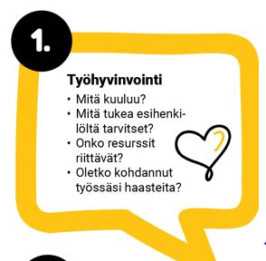 Työhyvinvointi. Mitä kuuluu? Mitä tukea esihenkilöltä tarvitset? Onko resurssit riittävätä? Oletko kohdannut työssäsi haasteita?