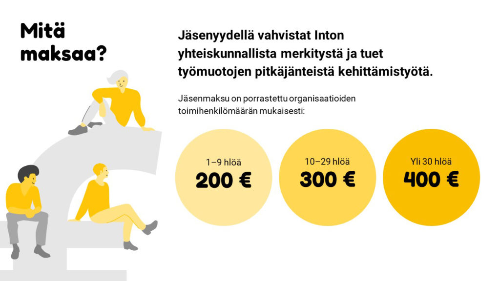 Inton jäsenmaksu on porrastettu organisaatioiden toimihenkilömäärän mukaisesti: 1-9 hlöä 200 €, 10-29 hlöä 300 € ja yli 30 hlöä 400 €.