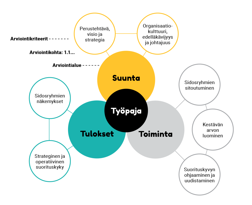 STL-mallin arviointialueet: suunta, toiminta ja tavoitteet, sekä kriteerit.