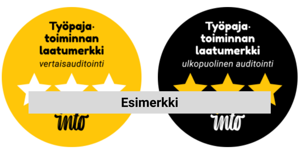 Kuvassa esimerkkikuvat Inton myötämistä laatumerkeistä. Keltainen laatumerkki tähdillä myönnetään vertaisauditoidusta laatutyöstä, musta laatumerkki myönnetään puolestaan ulkopuolisesta auditoinnista.